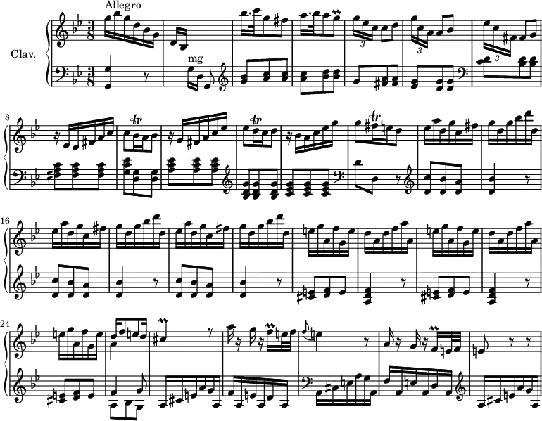 
\version "2.18.2"
\header {
  tagline = ##f
}

%% les petites notes
trillGq        = { \tag #'print { g8\prall } \tag #'midi { \times 2/3 { g32 a g~ } g16 } }
trillBesqq     = { \tag #'print { bes16\trill } \tag #'midi { \times 2/3 { bes32 c bes } } }
trillDqq       = { \tag #'print { d16\trill } \tag #'midi { \times 2/3 { d32 ees d } } }
trillFisqq     = { \tag #'print { fis16\trill } \tag #'midi { \times 2/3 { fis32 g fis } } }
trillCis       = { \tag #'print { cis4\prall } \tag #'midi { \times 2/3 { d32 cis d } cis16~ cis8 } }
trillFqq       = { \tag #'print { f16\prall } \tag #'midi { \times 2/3 { f32 g f } } }

upper = \relative c'' {
  \clef treble 
  \key g \minor
  \time 3/8
  \tempo 4. = 58
  \set Staff.midiInstrument = #"harpsichord"
  \override TupletBracket.bracket-visibility = ##f

    s8*0^\markup{Allegro}
    g'16 bes g d bes g | d bes s4 | bes''16. c32 g8 fis | a16. bes32 a8 \trillGq | \times 2/3 { g16[ ees c] } c8 d |
    % ms. 6
    \times 2/3 { g16[ c, a] } a8 bes | \times 2/3 { ees16[ c fis,] } fis8 g | r16 ees16 d fis a c | c8 \trillBesqq a16 bes8 | r16 g16 fis a c ees |
    % ms. 11
    ees8 \trillDqq c16 d8 | r16 bes16 a c ees g | g8 \trillFisqq e16 d8 | \repeat unfold 3 { ees16 a d, g c, fis | g d g bes d d, } | e16 g a, f' g, e' |
    % ms. 21
    \repeat unfold 2 { d16 a d f a a, | e'16 g a, f' g, e' } | << { d16 f8 e d16 | \trillCis r8 } \\ { a4 } >>
    % ms. 27
    a'16 r16 g16 r16 \trillFqq e32 f | \appoggiatura f8 e4 r8 | a,16 r16 g16 r16 \trillFqq e32 f | e8 r8 r8 |


}

lower = \relative c' {
  \clef bass
  \key g \minor
  \time 3/8
  \set Staff.midiInstrument = #"harpsichord"

    % **************************************
     < g, g' >4 r8 s8 g'16^\markup{mg}[ d] g,8 |   \clef treble  < g'' bes >8 < a c > q | q < bes d > q | g8 < fis a > q |
     % ms. 6
     < ees g >8 < d g > q |   \clef bass < c d >8 < bes d > q | < fis a c > q q | < g c ees > < g d > q | < a c ees > q q |
     % ms. 11
      \clef treble  < bes d g >8 q q | < c ees g > q q |   \clef bass  d8 d, r8 |  \clef treble \repeat unfold 3 { < d' c' >8 < d bes' > < d a' > < d bes' >4 r8 } | < cis e >8 < d f > e |
     % ms. 21
     \repeat unfold 2 { < a, d f >4 r8 | < cis e >8 < d f > e } | << { f4 g8 } \\ { a,8 bes g } >> | a16  cis e a g a, |
     % ms. 27
     f'16 a, e' a, d a |   \clef bass a,16 cis e a g a, | f'16 a, e' a, d a |  \clef treble a' cis e a g a, |

}

thePianoStaff = \new PianoStaff <<
    \set PianoStaff.instrumentName = #"Clav."
    \new Staff = "upper" \upper
    \new Staff = "lower" \lower
  >>

\score {
  \keepWithTag #'print \thePianoStaff
  \layout {
      #(layout-set-staff-size 17)
    \context {
      \Score
     \override SpacingSpanner.common-shortest-duration = #(ly:make-moment 1/2)
      \remove "Metronome_mark_engraver"
    }
  }
}

\score {
  \keepWithTag #'midi \thePianoStaff
  \midi { }
}
