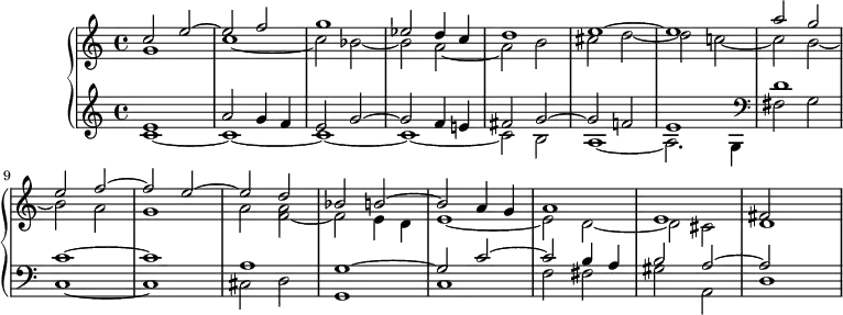 \version "2.14.2"
\header {
  tagline = ##f
}
upper = \relative c'' {
  \clef treble 
  \key c \major
  \time 4/4
  \tempo 4 = 100
  \tempo "Presto"
  %\autoBeamOff
  \set Staff.midiInstrument = #"church organ"
  << { c2 e~ e f g1 ees2 d4 c d1 e~ e a2 } \\ { g,1 c~ c2 bes~ bes a~ a b cis d~ d c!~ c } >>
  << { g' e f~ f e~ e d bes b!~ b a4 g a1 e fis2 } \\ { b2~ b a g1 a2 < a f >~ f2 e4 d e1~ e2 d~ d cis d1~ } >>
}
lower = \relative c' {
  \clef treble 
  \key c \major
  \time 4/4
  \set Staff.midiInstrument = #"church organ"
    
   << { e1 a2 g4 f e2 g2~ g f4 e! fis2 g2~ g f!2 e1 } \\ { c1~ c~ c~ c~ c2 b  a1~ a2. g4 } >>
   \clef bass
   << { d'1 c1~ c a g~ g2 c~ c b4 a b2 a2~ a } \\ { fis2 g c,1~ c cis2 d g,1 c f2 fis gis a, d1 } >>
} 
\score {
  \new PianoStaff <<
    \set PianoStaff.instrumentName = #""
    \new Staff = "upper" \upper
    \new Staff = "lower" \lower
  >>
  \layout {
    \context {
      \Score
      \remove "Metronome_mark_engraver"
    }
  }
  \midi { }
}