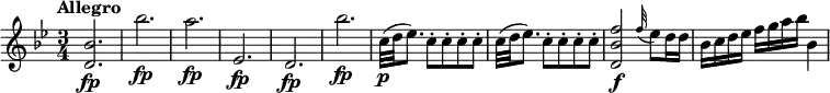 
\relative c' {
     \version "2.18.2"
     \clef "treble" 
     \tempo "Allegro" 
     \key bes  \major
     \time 3/4
    <d bes'>2. \fp  bes''  \fp  a \fp ees, \fp  d  \fp bes'' \fp
    c,32\p (d ees8.) c8-. c8-. c8-. c8-. c32 (d ees8.) c8-. c8-. c8-. c8-. 
    <d, bes' f'>2\f \grace f'32  (ees8) d16 d
    bes c d ees f g a bes bes,4         
}
