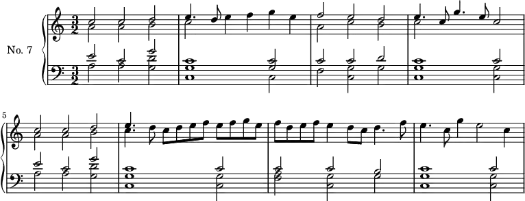 \version "2.14.2"
\header {
  tagline = ##f
}
upper = \relative c'' {
  \clef treble 
  \key a \minor
  \time 3/2
  \tempo 2 = 96
  \autoBeamOff
  \set Staff.midiInstrument = #"harpsichord"
    << { c2 c d e4. d8 } \\ { a2 a b c e4 f g e } >>
    << { f2 e d } \\ { a2 c b } >>
    << { e4. c8 g'4. e8 c2 } \\ { c2 } >>
    << { c2 c d } \\ { a2 a b } >>
    << { e4. } \\ { c4. d8 c d e f e f g e } >>
    << {} \\ { f d e f e4 d8 c d4. f8 e4. c8 g'4 e2 c4 } >>
}
lower = \relative c {
  \clef bass
  \key a \minor
  \time 3/2
  \set Staff.midiInstrument = #"harpsichord"
    << { e'2 c g' } \\ { a,2 a << d g, >> } >>
    << { c1 << c2 g >> } \\  { << g1 c, >> c2 } >> 
    << { c'2 c d } \\ { f,2 << g c, >> g' } >> 
    << { c1 c2 }  \\ { << g1 c, >> << g'2 c, >> } >> 
    << { e'2 c g' } \\ { a,2 a << d g, >> } >>
    << { c1 c2 }  \\ { << g1 c, >> << g'2 c, >> } >> 
    << { c'2 c b }  \\ { << f2 a >> << g2 c, >> g'2 } >> 
    << { c1 c2 }  \\ { << g1 c, >> << g'2 c, >> } >> 
}
\score {
  \new PianoStaff <<
    \set PianoStaff.instrumentName = #"No. 7"
    \new Staff = "upper" \upper
    \new Staff = "lower" \lower
  >>
  \layout {
    \context {
      \Score
      \remove "Metronome_mark_engraver"
    }
  }
  \midi { }
}