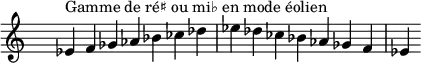 
\relative c' { 
  \clef treble \time 7/4 \hide Staff.TimeSignature ees4^\markup { Gamme de ré♯ ou mi♭ en mode éolien } f ges aes bes ces des ees des ces bes aes ges f ees
}
