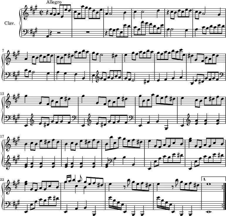 \version "2.18.2"
\header {
  tagline = ##f
}
upper = \relative c' {
  \clef treble 
  \key a \major
  \time 2/2
  \tempo 2 = 78
  \set Staff.midiInstrument = #"harpsichord"
  \repeat volta 2 {
    r4^\markup{Allegro} a'8 gis a e e' d | cis a a' gis fis d b e | a,4 a2 b4 | cis4 cis2 d4 | r4 cis8 b d cis e d | cis b a2 gis4 | a cis8 b d cis e d |
    % ms. 8
    cis8 b e dis a' gis b a | gis fis e2 dis4 | e4 gis8 fis a gis b a | gis fis a gis b a cis e, | 
    % ms. 12
    dis4 \repeat unfold 2 { gis,8 fis b a e' dis | gis4 } gis,8 fis b a e' dis | gis8 b, cis a' gis e fis dis | 
    % ms. 16
    e4  \repeat unfold 2 { cis8 b e dis fis dis | b4 } cis8 b e dis fis dis | b b' cis, a' gis e fis dis | 
    % ms. 20
    e4  \repeat unfold 2 { gis,8 fis a gis cis b | < e gis >4 } gis,8 fis a gis cis b | << { gis'16 a b4 a8 gis e fis dis } \\ { gis4 cis, b } >>
    % ms. 24
    e4  r8 b'8 gis e fis dis | e4 r8 b'8 gis e fis dis | e1 }%reprise
}
lower = \relative c {
  \clef bass
  \key a \major
  \time 2/2
  \omit Staff.TimeSignature
  \set Staff.midiInstrument = #"harpsichord"
    % **************************************
     \repeat volta 2 {
     \tempo 2 = 60 a4 \tempo 2 = 78 r4 r2 | R1 | r4 a'8 gis a e e' d cis a a' gis fis d b e | \tempo 2 = 60 a,4 \tempo 2 = 78 a2 gis4 |  a4 cis8 b d cis e d | cis b a2 gis4 | 
     % ms. 8
     a gis fis b, | e  \clef treble  gis'8 fis a  gis b a | gis fis e2 dis4 | e fis gis a | 
     % ms. 12
       \tempo 2 = 60 b,   \tempo 2 = 78 \repeat unfold 2 { \clef treble  e8 dis gis fis gis fis  \clef bass  e,,4 } \clef treble  e''8 dis gis fis gis fis  \clef bass  e,,4 a b b, |
     % ms. 16
     \tempo 2 = 60 e4 \tempo 2 = 78 \clef treble \repeat unfold 3 { < e'' a >4 q q < e gis > }  \clef bass  a,4 b b, | 
     % ms. 20
     \tempo 2 = 60 e,4 \tempo 2 = 78 \repeat unfold 3 { e'8 a cis b e dis e,,4 } a b b, | e''16 b gis e e,4 b b | e''16 b gis e e,4 b \tempo 2 = 64 b | 
     } 
     \alternative { 
      { e1 | }
      { s8*0 }
     }
% \bar ":|." 
} 
thePianoStaff = \new PianoStaff <<
    \set PianoStaff.instrumentName = #"Clav."
    \new Staff = "upper" \upper
    \new Staff = "lower" \lower
  >>
\score {
  \keepWithTag #'print \thePianoStaff
  \layout {
      #(layout-set-staff-size 17)
    \context {
      \Score
     \override SpacingSpanner.common-shortest-duration = #(ly:make-moment 1/2)
      \remove "Metronome_mark_engraver"
    }
  }
}
\score {
  \unfoldRepeats
  \keepWithTag #'midi \thePianoStaff
  \midi { }
}