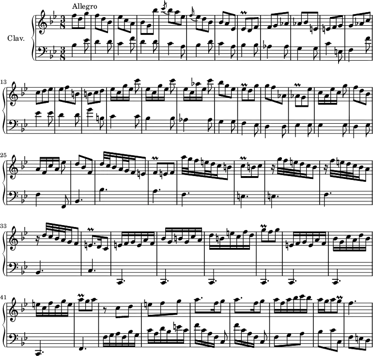 
\version "2.18.2"
\header {
  tagline = ##f
  % composer = "Domenico Scarlatti"
  % opus = "K. 311"
  % meter = "Allegro"
}

%% les petites notes
trillEesq     = { \tag #'print { ees8\prall } \tag #'midi { f32 ees f ees } }
trillEq       = { \tag #'print { e8\prall } \tag #'midi { f32 e f e } }
trillAesq     = { \tag #'print { aes8\prall } \tag #'midi { bes32 aes bes aes } }
trillAq       = { \tag #'print { a8\prall } \tag #'midi { bes32 a bes a } }
trillFq       = { \tag #'print { f8\prall } \tag #'midi { g32 f g f } }
trillCq       = { \tag #'print { c8\prall } \tag #'midi { d32 c d c } }
trillGq       = { \tag #'print { g8\prall } \tag #'midi { a32 g a g } }
trillEqp      = { \tag #'print { e8.\prall } \tag #'midi { f32 e f e~ e16 } }

upper = \relative c'' {
  \clef treble 
  \key bes \major
  \time 3/8
  \tempo 4. = 82
  \set Staff.midiInstrument = #"harpsichord"
  \override TupletBracket.bracket-visibility = ##f

      s8*0^\markup{Allegro}
      f8 d g | f d bes | ees c a | bes g bes' | \acciaccatura c8 bes8 a ees | \appoggiatura f16 ees8 d bes | bes a ees | \trillEesq d f |
      % ms. 9
      f8 g aes | aes bes e, | e f g | g aes c | c d ees | ees f b,  | b c d  | \repeat unfold 2 { ees16[ c g' ees]  c'8 } |
      % ms. 18
      ees,16[ c aes' ees]  c'8 | bes8 g ees | \trillEesq d8 g | g f aes, | \trillAesq g8 ees' | c16[ a ees' c] g'8 | f8 d bes |
      % ms. 25
      a16[ f c' a] ees'8 | d bes f | d'32 c bes16 a32 g f16 e8 | \trillFq e f | a'32 g f16 e32 d c16 b8 | \trillCq b8 c | r16 g'32 f e d  c16 bes8 |
      % ms. 32
      r16 f'32 e d c bes16 a8 | r16 d32 c bes a g16 f8 | \trillEqp d16 c8 | e16 f g e a f | bes g b g c a | d b e c f d | \trillGq f8 g |
      % ms. 39
      e,16 f g e a f | bes g c a d bes | e c f d g e | \trillAq g8 a | r8 c,8 d | e f g |  \repeat unfold 2 { a8. f16 g8 } |
      % ms. 47
      a16 f a bes c bes | a g a8 \trillGq | f4. | % e,16

}

lower = \relative c' {
  \clef bass
  \key bes \major
  \time 3/8
  \set Staff.midiInstrument = #"harpsichord"
  \override TupletBracket.bracket-visibility = ##f

    % ************************************** \appoggiatura a16  \repeat unfold 2 {  } \times 2/3 { }   \omit TupletNumber 
      bes4 ees8 | d4 d8 | c4 f8 | d4 d8 | c4 a8 | bes4 d8 | c4 a8 | bes4 bes8 |
      % ms. 9
      aes4 aes8 | g4 g8 | c4 e,8 | f4 f'8 | ees4 ees8 | d4 d8 | g4 b,8 | c4 c8 |
      % ms. 17
      bes4 bes8 | aes4 aes8 | g4 g8 | f4 ees8 | d4 d8 | ees4 ees8 | ees4 ees8 | d4 ees8 | 
      % ms. 25
      f4 f,8 | bes4. | bes' a f e e |
      % ms. 32
      f4. bes, c \repeat unfold 7 { c, } | f4.
      % ms. 43
      f'16 g a f bes g | c a d bes e c | \repeat unfold 2 { f16[ c a f] c8 } |
      % ms. 47
      f8 g a | bes c c, | f e d | % c,4.

}

thePianoStaff = \new PianoStaff <<
    \set PianoStaff.instrumentName = #"Clav."
    \new Staff = "upper" \upper
    \new Staff = "lower" \lower
  >>

\score {
  \keepWithTag #'print \thePianoStaff
  \layout {
      #(layout-set-staff-size 17)
    \context {
      \Score
     \override SpacingSpanner.common-shortest-duration = #(ly:make-moment 1/2)
      \remove "Metronome_mark_engraver"
    }
  }
}

\score {
  \keepWithTag #'midi \thePianoStaff
  \midi { }
}
