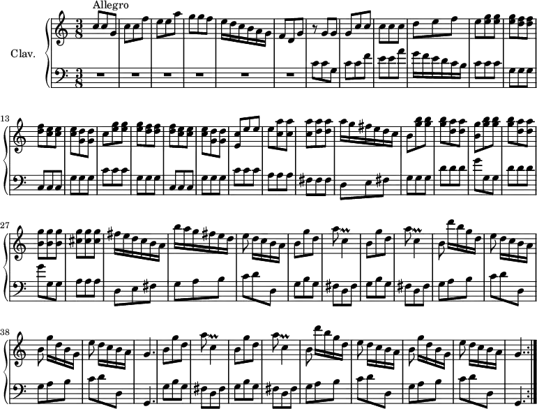 
\version "2.18.2"
\header {
  tagline = ##f
  % composer = "Domenico Scarlatti"
  % opus = "K. 330"
  % meter = "Allegro"
}

%% les petites notes
trillCDown       = { \tag #'print { c,4\prall } \tag #'midi { d32 c d c~ c8 } }

upper = \relative c'' {
  \clef treble 
  \key c \major
  \time 3/8
  \tempo 4. = 90
  \set Staff.midiInstrument = #"harpsichord"
  \override TupletBracket.bracket-visibility = ##f

  \repeat volta 2 {
      s8*0^\markup{Allegro}
      c8 c g | c c f | e e a | g g f | e16 d c b a g | f8 d g |
      % ms. 7
      r8 g8 g | g c c | c c c | d e f | e < e g > q | q < d f > q | q < c e > q |
      % ms. 14
      q8 < g d' >  q | c < e g > q | q < d f > q | q < c e > q | q8 < g d' >  q | < e c' > e' e | e < c a' > q | q < d a' > q 
      % ms. 22
      a'16 g fis e d c | b8 < g' b > q | q < d a' > q | < b g' > < g' b > q | q < d a' > q | < b g' > q q | < cis g' > q q |
      % ms. 29
      fis16 e d c b a | b' a g fis e d | e8 d16[ c b a] | \repeat unfold 2 { \repeat unfold 2 {  b8 g' d | a' \trillCDown }
      % ms. 36
      b8 d'16[ b g d] | e8 d16[ c b a] | b8 g'16[ d b g] | e'8 d16[ c b a] | g4. } }%repet

}

lower = \relative c' {
  \clef bass
  \key c \major
  \time 3/8
  \set Staff.midiInstrument = #"harpsichord"
  \override TupletBracket.bracket-visibility = ##f

  \repeat volta 2 {
    % ************************************** \appoggiatura a16  \repeat unfold 2 {  } \times 2/3 { }   \omit TupletNumber 
      R4.*6 |
      % ms. 7
      c8 c g | c c f | e e a | g16 f e d c b | \repeat unfold 2 { c8 c c | g g g | c, c c |
      % ms. 14 à 19 suite
      g'8 g g } | c8 c c | a a a | fis fis fis |
      % ms. 22
      d8 e fis | g g g | \repeat unfold 2 { d' d d | g g, g } | a8 a a |
      % ms. 29
      d,8 e fis | g a b | c d d, | \repeat unfold 2 { g b g | fis d fis } | 
      % ms. 36
       \repeat unfold 2 { g8 a b | c d d, } | g,4. | \repeat unfold 2 { g'8 b g | fis d fis } |
      % ms. 45
      \repeat unfold 2 { g8 a b | c d d, } | g,4. }

}

thePianoStaff = \new PianoStaff <<
    \set PianoStaff.instrumentName = #"Clav."
    \new Staff = "upper" \upper
    \new Staff = "lower" \lower
  >>

\score {
  \keepWithTag #'print \thePianoStaff
  \layout {
      #(layout-set-staff-size 17)
    \context {
      \Score
     \override SpacingSpanner.common-shortest-duration = #(ly:make-moment 1/2)
      \remove "Metronome_mark_engraver"
    }
  }
}

\score {
%   \unfoldRepeats
  \keepWithTag #'midi \thePianoStaff
  \midi { }
}
