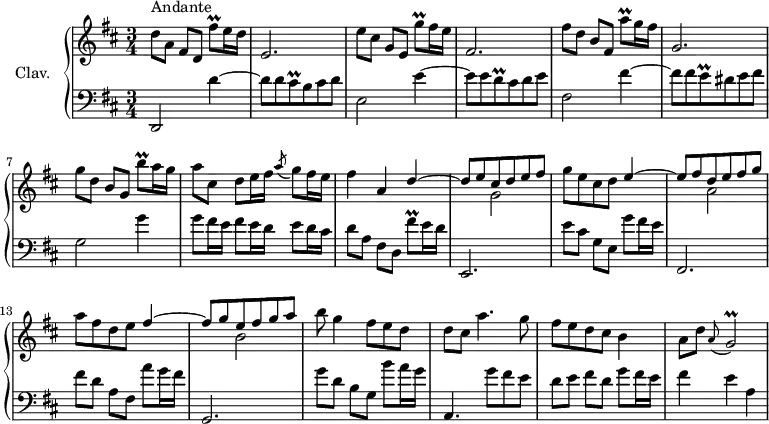 \version "2.18.2"
\header {
  tagline = ##f
}
%% les petites notes
trillFisqUp   = { \tag #'print { fis'8\prall } \tag #'midi { g32 fis g fis } }
trillGqUp     = { \tag #'print { g'8\prall } \tag #'midi { a32 g a g } }
trillAqUp     = { \tag #'print { a'8\prall } \tag #'midi { b32 a b a } }
trillBqUp     = { \tag #'print { b'8\prall } \tag #'midi { cis32 b cis b } }
trillCisq     = { \tag #'print { cis8\prall } \tag #'midi { d32 cis d cis } }
trillDq       = { \tag #'print { d8\prall } \tag #'midi { e32 d e d } }
trillEq       = { \tag #'print { e8\prall } \tag #'midi { fis32 e fis e } }
trillG        = { \tag #'print { g2\prall } \tag #'midi { a32 g a g a g~ g16~ g4 } }
upper = \relative c'' {
  \clef treble 
  \key d \major
  \time 3/4
  \tempo 4 = 86
  \set Staff.midiInstrument = #"harpsichord"
     s8*0^\markup{Andante}
     d8 a fis d \trillFisqUp e16 d | e,2. | e'8 cis g e \trillGqUp fis16 e  | fis,2. | fis'8 d b fis \trillAqUp g16 fis |
     % ms. 6
     g,2. | g'8 d b g \trillBqUp a16 g | a8 cis, d e16 fis \acciaccatura a8 g8 fis16 e | fis4 a, << { d4~ | d8 e cis d e fis } \\ { s2 g,2 } >>
     % ms. 11
     g'8 e cis d << { e4~ | e8 fis d e fis g } \\ { s2 a,2 } >> | a'8 fis d e << { fis4~ | fis8 g e fis g a } \\ { s2 b,2 } >> | b'8 g4 fis8 e d |
     % ms. 16
     d8 cis a'4. g8 | fis8 e d cis b4 | a8 d \appoggiatura a8 \trillG
}
 
lower = \relative c' {
  \clef bass
  \key d \major
  \time 3/4
  \set Staff.midiInstrument = #"harpsichord"
    % **************************************
     d,,2 d''4~ d8 d \trillCisq b8 cis d | e,2 e'4~ | e8 e \trillDq cis8 d e | fis,2 fis'4~ |
     % ms. 6
     fis8 fis \trillEq dis8 e fis | g,2 g'4 | g8 fis16 e fis8 e16 d e8 d16 cis | d8 a fis d \trillFisqUp e16 d | e,,2. |
     % ms. 11
     e''8 cis g e g' fis16 e | fis,,2. | fis''8 d a fis a' g16 fis | g,,2. | g''8 d b g b' a16 g |
     % ms. 16
     a,,4. g''8 fis e | d e fis d g fis16 e | fis4 e a, | 
} 
thePianoStaff = \new PianoStaff <<
    \set PianoStaff.instrumentName = #"Clav."
    \new Staff = "upper" \upper
    \new Staff = "lower" \lower
  >>
\score {
  \keepWithTag #'print \thePianoStaff
  \layout {
      #(layout-set-staff-size 17)
    \context {
      \Score
     \override SpacingSpanner.common-shortest-duration = #(ly:make-moment 1/2)
      \remove "Metronome_mark_engraver"
    }
  }
}
\score {
  \keepWithTag #'midi \thePianoStaff
  \midi { }
}