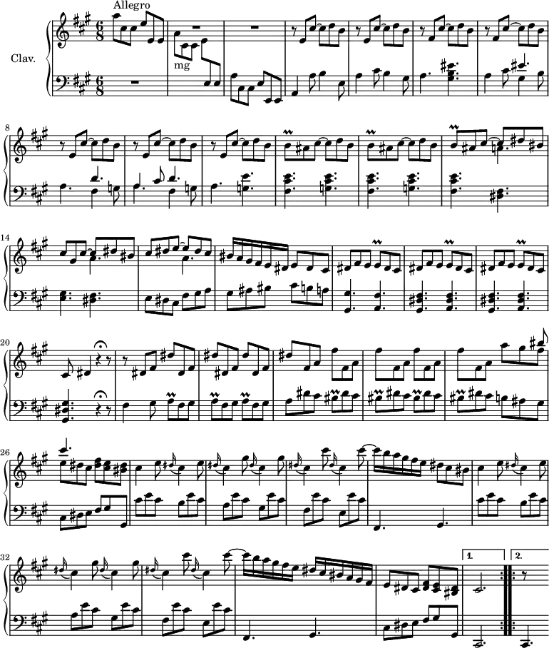 \version "2.18.2"
\header {
  tagline = ##f
  % composer = "Domenico Scarlatti"
  % opus = "K. 457"
  % meter = "Allegro"
}
%% les petites notes
trillBq        = { \tag #'print { b8\prall } \tag #'midi { cis32 b cis b } }
trillEq        = { \tag #'print { e8\prall } \tag #'midi { fis32 e fis e } }
trillBisq      = { \tag #'print { bis8\prall } \tag #'midi { cis32 bis cis bis } }
trillAq        = { \tag #'print { a8\prall } \tag #'midi { b32 a b a } }
upper = \relative c'' {
  \clef treble 
  \key a \major
  \time 6/8
  \tempo 4. = 92
  \set Staff.midiInstrument = #"harpsichord"
  \override TupletBracket.bracket-visibility = ##f
  \repeat volta 2 {
      s8*0^\markup{Allegro}
      a'8 cis, cis e e, e | R2.*2 | \repeat unfold 2 { r8 e8 cis'~ cis d b } |
      % ms. 6
      \repeat unfold 2 { r8 fis8 cis'~ cis d b } | \repeat unfold 3 { r8 e,8 cis'~ cis d b } |
      % ms. 11
      \repeat unfold 2 { \trillBq ais8 cis~ cis d b } | 
      << { \trillBq ais8 cis~ cis dis bis | cis gis cis~ cis dis bis | cis dis e~ e dis cis } 
      \\ { \repeat unfold 3 { s4. a4. } } >>
      % ms. 16
      bis16 a gis fis e dis e8 dis cis | \repeat unfold 3 { dis8 fis e \trillEq dis8 cis } |
      % ms. 20
      cis8 dis4 r4 r8^\markup { \translate #'(-1.1 . 0.1) \musicglyph #"scripts.ufermata" } |
      % ms. 21
      r8 \repeat unfold 4 { dis8 fis dis' } | \repeat unfold 4 { fis,8 a fis' } 
      % ms. 25 suite
      fis,8 a << { s4 bis'8 | cis4. } \\ { a8 gis fis | e dis cis } >> < dis fis >8 < cis e > < bis dis > |
      % ms. 27
      cis4 \repeat unfold 2 {  e8 \appoggiatura dis16 cis4 } | \repeat unfold 2 { gis'8 \appoggiatura dis16 cis4 } | cis'8 \appoggiatura dis,16 cis4 cis'8~
      % ms. 30
      cis16 b a gis fis e dis8 cis bis | cis4 \repeat unfold 2 {  e8 \appoggiatura dis16 cis4 } | \repeat unfold 2 { gis'8 \appoggiatura dis16 cis4 } | cis'8 \appoggiatura dis,16 cis4 cis'8~
      % ms. 34
      cis16 b a gis fis e dis cis bis a gis fis | e8 dis cis < dis fis > < cis e > < bis dis > }%repet 
      \alternative {
      { cis2. }
      { \bar ":..:" r8 s4 }
}
}
lower = \relative c' {
  \clef bass
  \key a \major
  \time 6/8
  \set Staff.midiInstrument = #"harpsichord"
  \override TupletBracket.bracket-visibility = ##f
  \repeat volta 2 {
    % ************************************** \appoggiatura a16  \repeat unfold 2 {  } \times 2/3 { }   \omit TupletNumber 
      R2. | \stemDown \change Staff = "upper" a'8-\markup{mg} cis, cis e \stemNeutral \change Staff = "lower" e, e |   a cis, cis e e, e | a4 a'8 b4 e,8 |
      % ms. 5
      a4 cis8 b4 gis8 | a4. < gis b eis >4. | a4 cis8 << { eis4. | s4. d4. | a4 cis8 d4. } \\ { \mergeDifferentlyDottedOn gis,4 b8 | a4. fis4 g8 | a4. fis4 g8 } >>
      % ms. 10
      a4. < g e' >4. | \repeat unfold 2 { < fis cis' e >4. < g cis e > } | < fis cis' e >4. < dis fis > | < e gis > < dis fis > |
      % ms. 15
      e8 dis cis fis gis a | gis ais bis cis b a | < gis, gis' >4. < a fis' > | \repeat unfold 2 { < gis dis' fis >4. < a dis fis > } |
      % ms. 20
      < gis dis' gis >4. r4 r8^\markup { \translate #'(-1.1 . 0.1) \musicglyph #"scripts.ufermata" } |
      % ms. 21
      fis'4 gis8 | \repeat unfold 3 { \trillAq fis8 gis } | a8 dis cis \repeat unfold 4 { \trillBisq dis8 cis }
      % ms. 25 suite
      b8 ais gis | cis, dis e fis gis gis, |
      % ms. 27
      \repeat unfold 2 { cis'8 e cis b e cis | a e' cis  gis e' cis | fis, e' cis e, e' cis |
      % ms. 30
      fis,,4. gis } | 
      % ms. 35
      cis8 dis e fis gis gis, }%repet
    \alternative {
       { cis,2. }
       {  \bar ":..:" cis4. }
     }
}
thePianoStaff = \new PianoStaff <<
    \set PianoStaff.instrumentName = #"Clav."
    \new Staff = "upper" \upper
    \new Staff = "lower" \lower
  >>
\score {
  \keepWithTag #'print \thePianoStaff
  \layout {
      #(layout-set-staff-size 17)
    \context {
      \Score
     \override SpacingSpanner.common-shortest-duration = #(ly:make-moment 1/2)
      \remove "Metronome_mark_engraver"
    }
  }
}
\score {
  \unfoldRepeats
  \keepWithTag #'midi \thePianoStaff
  \midi { }
}