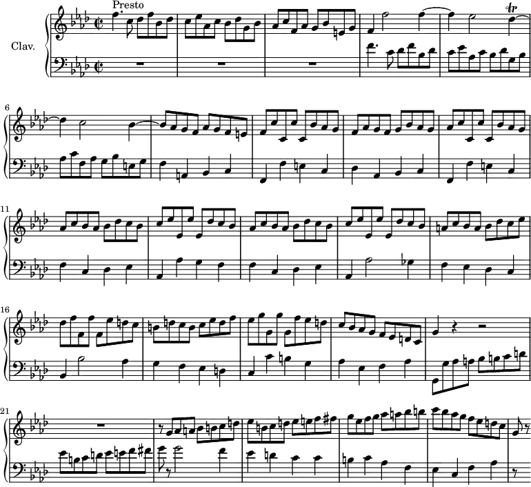 \version "2.18.2"
\header {
  tagline = ##f
}
%% les petites notes
trillDes = { \tag #'print { des4\trill~ } \tag #'midi { ees16 des ees des~ } }
eMuet = { \tag #'print { f4 } \tag #'midi { s4 } }
upper = \relative c'' {
  \clef treble 
  \key f \minor
  \time 2/2
  \tempo 2 = 110
  \set Staff.midiInstrument = #"harpsichord"
     s8*0^\markup{Presto}
     f4. c8 des f bes, des | c8 ees aes, c bes des g, bes | aes c f, aes g bes e, g | f4 f'2 f4~ |
     % ms. 5
     \eMuet ees2  \trillDes | des4 c2 bes4~ | bes8 aes g f aes g f e | f c' c, c' c, bes' aes g |
     % ms. 9
     f8 aes g f g bes aes g | aes c c, c' c, bes' aes g | \repeat unfold 2 { aes c bes aes bes des c bes | c ees ees, ees' ees, des' c bes } |
     % ms. 15
     a8 c bes a bes des c ees | des f f, f' f, ees' d c | 
     % ms. 17
     b8 d c b c ees d f | ees g g, g' g, f' ees d  | c bes aes g f ees d c | g'4 r4 r2 |
     % ms. 21
     R1 | r8 g8 aes a bes b c d | ees b c d ees e f fis | g ees f g aes a bes b |
     c8 bes aes g f ees d c | g8 r8
}
lower = \relative c' {
  \clef bass
  \key f \minor
  \time 2/2
  \set Staff.midiInstrument = #"harpsichord"
    % **************************************
     R1*3 | f4. c8 des f bes, des |
     % ms. 5
     c8 ees aes, c bes des g, bes | aes c f, aes g bes e, g | f4 a, bes c | f, f' e c |
     % ms. 9
     des4 aes bes c | f, f' e c | f c des  ees | aes, aes' g f |
     % ms. 13
     f4 c des ees | aes, aes'2 ges4 | f ees des c | bes bes'2 aes4 |
     % ms. 17
     g4 f ees d | c c' b g | aes ees f aes | g,8 g' aes a bes b c d | ees b c d ees e f fis | g r8 g2 f4 | ees d c c | b c aes f |
     % ms. 25
     ees4 c f aes | r8 s8
}
thePianoStaff = \new PianoStaff <<
    \set PianoStaff.instrumentName = #"Clav."
    \new Staff = "upper" \upper
    \new Staff = "lower" \lower
  >>
\score {
  \keepWithTag #'print \thePianoStaff
  \layout {
      #(layout-set-staff-size 17)
    \context {
      \Score
     \override SpacingSpanner.common-shortest-duration = #(ly:make-moment 1/2)
      \remove "Metronome_mark_engraver"
    }
  }
}
\score {
  \keepWithTag #'midi \thePianoStaff
  \midi { }
}