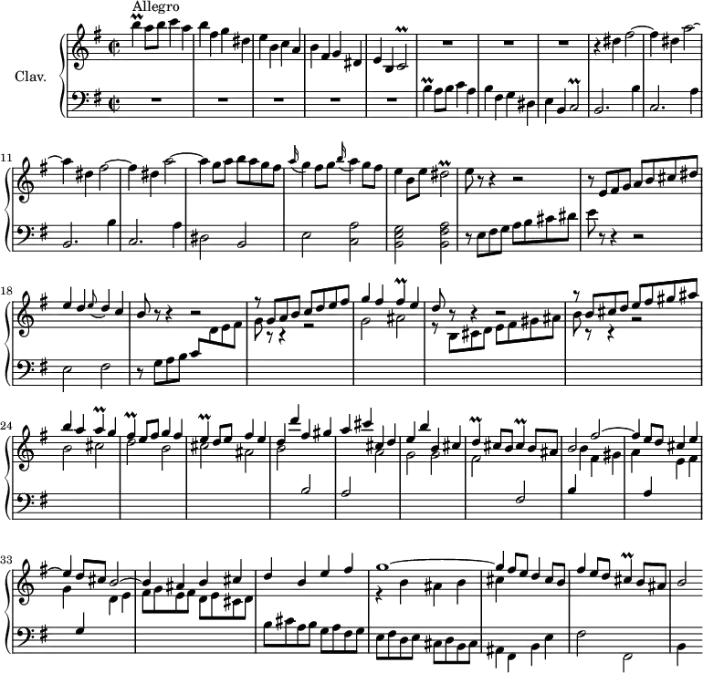 \version "2.18.2"
\header {
  tagline = ##f
}
%% les petites notes
trillCb      = { \tag #'print { c2\prall } \tag #'midi { d16 c d c~ c4 } }
trillDisb    = { \tag #'print { dis2\prall } \tag #'midi { e16 dis e dis~ dis4 } }
trillBUp     = { \tag #'print { b'4\prall } \tag #'midi { c16 b c b } }
trillB       = { \tag #'print { b4\prall } \tag #'midi { c16 b c b } }
trillFis     = { \tag #'print { fis4\prall } \tag #'midi { g16 fis g fis } }
trillA       = { \tag #'print { a4\prall } \tag #'midi { b16 a b a } }
trillE       = { \tag #'print { e4\prall } \tag #'midi { fis16 e fis e } }
trillD       = { \tag #'print { d4\prall } \tag #'midi { e16 d e d } }
trillCis     = { \tag #'print { cis4\prall } \tag #'midi { d16 cis d cis } }
upper = \relative c'' {
  \clef treble 
  \key e \minor
  \time 2/2
  \tempo 2 = 100
  \set Staff.midiInstrument = #"harpsichord"
  \override TupletBracket.bracket-visibility = ##f
      s8*0^\markup{Allegro}
      \trillBUp a8 b c4 a | b fis g dis | e b c a | b fis g dis |
      % ms. 5
      e4 b \trillCb | R1*3 | r4 \repeat unfold 2 { dis'4 fis2~ |
      % ms. 10
      fis4 dis a'2~ | a4 } | g8 a b a g fis | \appoggiatura a16 g4 fis8 g \appoggiatura b16 a4 g8 fis |
      % ms. 15
      e4 b8 e \trillDisb | e8 r8 r4 r2 | \stemUp r8 e,8 fis g a b cis dis | e4 d \appoggiatura e8 d4 c |
      % ms. 19
      b8 r8 r4 r2 | r8 g8 a b c d e fis | g4 fis \trillFis e4 | d8 r8 r4 r2 |
      % ms. 23
      r8 b8 cis d e fis gis ais | b4 a \trillA g4 | \trillFis e8 fis g4 fis | \trillE d8 e fis4 e |
      % ms. 27
      d4 d' fis, gis | a cis cis, d | e b' b, cis | \trillD cis8 b \trillCis b8 ais | b2 fis'^~ |
      % ms. 32
      fis4 e8 d cis4 e^~ | e d8 cis b2^~ | b4 ais b cis | d b e fis |
      % ms. 36
      << { g1~ | g4 } \\ { r4 b,4 ais b | cis } >> fis8 e d4 cis8 b | fis'4 e8 d \trillCis b8 ais | b2
}
lower = \relative c' {
  \clef bass
  \key e \minor
  \time 2/2
  \set Staff.midiInstrument = #"harpsichord"
  \override TupletBracket.bracket-visibility = ##f
    % ************************************** \appoggiatura \repeat unfold 2 {  } \times 2/3 { }
      R1*5 | \trillB a8 b c4 a | b fis g dis | e b \trillCb | \repeat unfold 2 { b2. b'4 |
      % ms. 10
      c,2. a'4 } | dis,2 b | e < c a' >2 
      % ms. 15
      < b e g >2 < b fis' a > | r8 e8 fis g a b cis dis | e r8 r4 r2 | e,2 fis |
      % ms. 19
      r8 g8 a b \stemUp c  \stemDown \change Staff = "upper" d e fis g r8 r4 r2 | g2 ais | r8 b,8 cis d e fis gis ais |
      % ms. 23
      b8 r8 r4 r2 | b2 cis | d b | cis ais | b \stemUp \change Staff = "lower" b, | a \stemDown \change Staff = "upper" a' | g g | fis \stemUp \change Staff = "lower" fis, b4 \stemDown \change Staff = "upper" b' fis gis |
      % ms. 32
      a4  \stemUp \change Staff = "lower" a, \stemDown \change Staff = "upper" e' fis | g \stemUp \change Staff = "lower" g, \stemDown \change Staff = "upper"  d' e | fis8 g e fis d e cis d | \change Staff = "lower" b8 cis a b g a fis g |
      % ms. 36
      e8 fis d e cis d b cis | ais4 fis b e | fis2 fis, | b4 s4
}
thePianoStaff = \new PianoStaff <<
    \set PianoStaff.instrumentName = #"Clav."
    \new Staff = "upper" \upper
    \new Staff = "lower" \lower
  >>
\score {
  \keepWithTag #'print \thePianoStaff
  \layout {
      #(layout-set-staff-size 17)
    \context {
      \Score
     \override SpacingSpanner.common-shortest-duration = #(ly:make-moment 1/2)
      \remove "Metronome_mark_engraver"
    }
  }
}
\score {
  \keepWithTag #'midi \thePianoStaff
  \midi { }
}