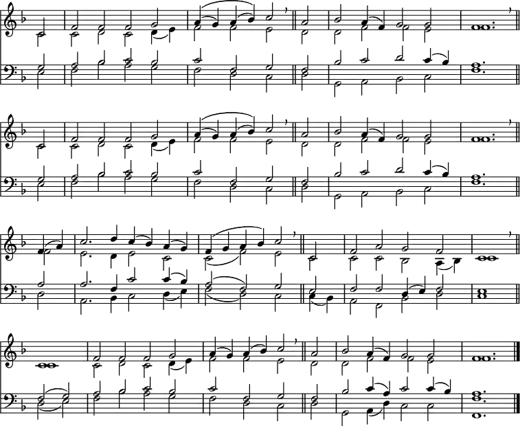 << <<
\new Staff { \clef treble \time 4/2 \partial 2 \key f \major \set Staff.midiInstrument = "church organ" \omit Staff.TimeSignature \set Score.tempoHideNote = ##t \override Score.BarNumber #'transparent = ##t
 \relative c' 
 \repeat unfold 2 { << { c2 | f f f g | a4\(( g) a( bes)\) c2 \breathe \bar"||" a | bes a4( f) g2 g f1. \breathe \bar"||" \break } \\
 { c2 | c d c d4( e) | f2 f e d | d f f e | f1. } >> }
 \relative c' {
 << { f4( a) | c2. d4 c( bes) a( g) | f( g a bes) c2 \breathe \bar"||" c, | f a g f | c1 \breathe \bar"||" \break
 c1 | f2 f f g | a4( g) a( bes) c2 \breathe \bar"||" a | bes a4( f) g2 g | f1. \bar"|." } \\
 { f2 | e2. d4 e2 c | c( f) e c | c c bes a4( bes) | c1
 c1 | c2 d c d4( e) | f2 f e d | d f f e | f1. } >> }
}
%%\new Lyrics \lyricsmode { put lyrics here if you insist }
\new Staff { \clef bass \key f \major \set Staff.midiInstrument = "church organ" \omit Staff.TimeSignature
 \relative c'
 \repeat unfold 2 { << { g2 | a bes c bes | c f, g f | bes c d c4( bes) | a1. } \\
 { e2 | f bes a g | f d c d | g, a bes c | f1. } >> }
 \relative c' {
 << { a2 | a2. f4 c'2 c4( bes) | a2( f) g e | f f d4( e) f2 | e1
 f2( g) | a bes c bes | c f, g f | bes c4( a) c2 c4( bes) | a1. } \\
 { d,2 | a2. bes4 c2 d4( e) | f2( d) c c4( bes) | a2 f bes d | c1
 d2( e) | f bes a g | f d c d | g, a4( d) c2 c | <f f,>1. } >> }
}
>> >>
\layout { indent = #0 }
\midi { \tempo 2 = 80 }