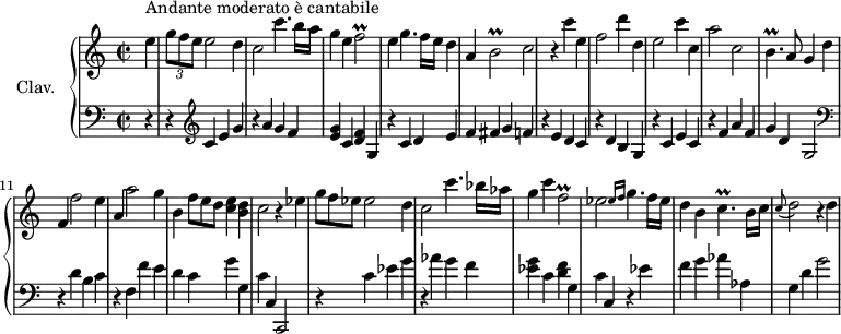 \version "2.18.2"
\header {
  tagline = ##f
  % composer = "Domenico Scarlatti"
  % opus = "K. 170"
  % meter = "Andante moderato è cantabile"
}
%% les petites notes
trillFb     = { \tag #'print { f2\prall } \tag #'midi { g32 f g f~ f8 f4 } }
trillFbDown = { \tag #'print { f,2\prall } \tag #'midi { g32 f g f~ f8 f4 } }
trillBb     = { \tag #'print { b2\prall } \tag #'midi { c32 b c b~ b8 b4 } }
trillBp     = { \tag #'print { b4.\prall } \tag #'midi { c32 b c b~ b4 } }
trillCp     = { \tag #'print { c4.\prall } \tag #'midi { d32 c d c~ c4 } }
upper = \relative c'' {
  \clef treble 
  \key c \major
  \time 2/2
  \tempo 2 = 56
  \set Staff.midiInstrument = #"harpsichord"
  \override TupletBracket.bracket-visibility = ##f
      \partial 4
      s8*0^\markup{Andante moderato è cantabile}
      e4 | \times 2/3 { g8 f e } e2 d4 | c2 c'4. b16 a | g4 e \trillFb | e g4. f16 e | d4 a \trillBb
      % ms. 6
      c2 r4 c'4 | e, f2 d'4 | d, e2 c'4 | c, a'2 c, | \trillBp a8 g4 d' | f, f'2 e4 |
      % ms. 12
      a,4 a'2 g4 | b, \omit TupletNumber \times 2/3 { f'8 e d } < c e >4 < b d > | c2 r4 ees4 | \times 2/3 { g8 f ees } ees2 d4 | c2 c'4. bes16 aes |
      % ms. 17
      g4 c \trillFbDown | ees2 \grace {   \tempo 2 = 20 ees16 f } \tempo 2 = 56 g4. f16 ees | d4 b \trillCp b16 c \appoggiatura c8 d2 r4 d4
      % ms. 22
      
}
lower = \relative c' {
  \clef bass
  \key c \major
  \time 2/2
  \set Staff.midiInstrument = #"harpsichord"
  \override TupletBracket.bracket-visibility = ##f
    % ************************************** \appoggiatura \repeat unfold 2 {  } \times 2/3 { }
      r4 | r4   \clef treble  c4 e g | r4 a4 g f | < e g >4 c < d f > g, | r4 c4 d e | f fis g f | 
      % ms. 6
      r4 e4 d c  | r4 d b g | r4 c e c | r4 f a f | g d g,2 |   \clef bass  r4 d'4 b c |
      % ms. 12
      r4 f,4 f' e | d c g' g, | c c, c,2 | r4 c''4 ees g | r4 aes g f 
      % ms. 17
      < ees g > c < d f > g,4 | c c, r4 | ees'4 f g aes aes, | g d' g2 
      % ms. 22
      
}
thePianoStaff = \new PianoStaff <<
    \set PianoStaff.instrumentName = #"Clav."
    \new Staff = "upper" \upper
    \new Staff = "lower" \lower
  >>
\score {
  \keepWithTag #'print \thePianoStaff
  \layout {
      #(layout-set-staff-size 17)
    \context {
      \Score
     \override SpacingSpanner.common-shortest-duration = #(ly:make-moment 1/2)
      \remove "Metronome_mark_engraver"
    }
  }
}
\score {
  \keepWithTag #'midi \thePianoStaff
  \midi { }
}