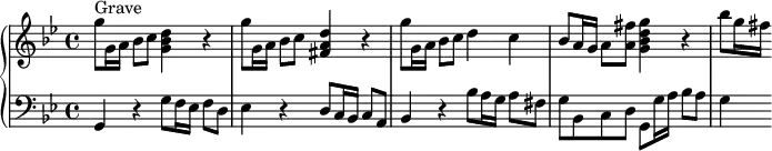 \version "2.18.2"
\header {
  tagline = ##f
  % composer = "Domenico Scarlatti"
  % opus = "K. 88"
  % meter = "Grave"
}
%% les petites notes
%trillBesp     = { \tag #'print { bes4.\prall } \tag #'midi { c32 bes c bes~ bes4 } }
upper = \relative c'' {
  \clef treble 
  \key g \minor
  \time 4/4
  \tempo 4 = 52
      s8*0^\markup{Grave}
      g'8 g,16 a bes8 c < g bes d >4 r4 | g'8 g,16 a bes8 c < fis, a d >4 r4 | g'8 g,16 a bes8 c d4 c |
      % ms. 4
      bes8 a16 g a8 < a fis' > < g bes d g >4 r4 | bes'8 g16 fis
      % ms. 7
      
}
lower = \relative c' {
  \clef bass
  \key g \minor
  \time 4/4
    % ************************************** \appoggiatura a16  \repeat unfold 2 {  } \times 2/3 { }   \omit TupletNumber 
      g,4 r4 g'8 f16 ees f8 d | ees4 r4 d8 c16 bes c8 a | bes4 r4 bes'8 a16 g a8 fis |
      % ms. 4
      g8 bes, c d g, g'16 a bes8 a | g4
      % ms. 7
      
}
thePianoStaff = \new PianoStaff <<
    \set PianoStaff.instrumentName = #""
    \new Staff = "upper" \upper
    \new Staff = "lower" \lower
  >>
\score {
  \keepWithTag #'print \thePianoStaff
  \layout {
      #(layout-set-staff-size 17)
    \context {
      \Score
     \override TupletBracket.bracket-visibility = ##f
     \override SpacingSpanner.common-shortest-duration = #(ly:make-moment 1/2)
      \remove "Metronome_mark_engraver"
    }
  }
}
\score {
  \keepWithTag #'midi \thePianoStaff
  \midi { \set Staff.midiInstrument = #"harpsichord" }
}