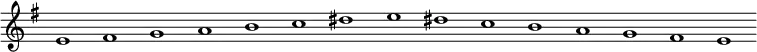 \new Staff {
  \relative c' {
    \key e \minor
    \override Staff.TimeSignature #'stencil = ##f
    \override Staff.BarLine #'stencil = ##f
     e1 fis g a b c dis e dis c b a g fis e
  }
}
\midi {
  \context {
    \Score
    tempoWholesPerMinute = #(ly:make-moment 120 1)
  }
}