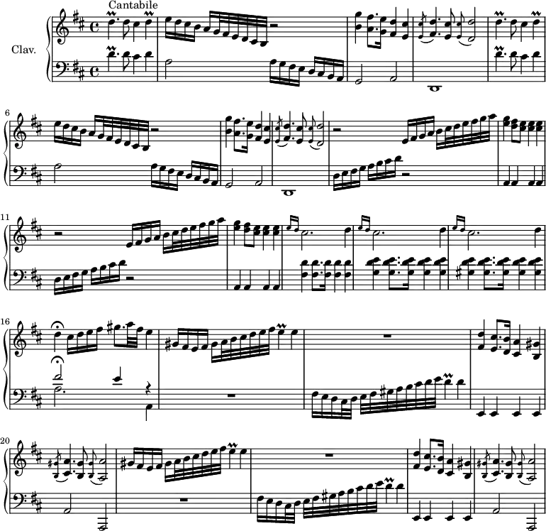 \version "2.18.2"
\header {
tagline = ##f
}
%% les petites notes
trillDp = { \tag #'print { d4.\prall } \tag #'midi { e32 d e d~ d8~ d8 } }
trillD = { \tag #'print { d4\prall } \tag #'midi { e32 d e d~ d8 } }
trillE = { \tag #'print { e4\prall } \tag #'midi { fis32 e fis e~ e8 } }
upper = \relative c'' {
\clef treble
\key d \major
\time 4/4
\tempo 2 = 56
\set Staff.midiInstrument = #"harpsichord"
s8*0^\markup{Cantabile} \repeat unfold 2 { \trillDp d8 cis4 \trillD | e16 d cis b a g32 fis e d cis b r2 | < b' g' >4 < a fis' >8. < g e' >16 < fis d' >4 < e cis' > | \tempo 2 = 22 \acciaccatura < e cis' >8 \tempo 2 = 56 < fis d' >4. < e cis' >8 \tempo 2 = 22 \appoggiatura < e cis' >8 \tempo 2 = 56 < d d' >2 }
% ms. 9
\repeat unfold 2 { r2 e16 fis g a b cis32 d e fis g a | < e g >4 < d fis >8 < cis e > q4 q } |
% ms. 13
\repeat unfold 3 { \grace { \tempo 2 = 22 e16 d } \tempo 2 = 56 cis2. d4 } | d\fermata cis16 d e fis gis8. a32 fis e4 |
% ms. 17
\repeat unfold 2 { gis,16 fis e fis gis a32 b cis d e fis \trillE e4 | R1 < fis, d' >4 < e cis' >8. < d b' >16 < cis a' >4 < b gis' > \tempo 2 = 22 \acciaccatura < b gis' >8 \tempo 2 = 56 < cis a' >4. < b gis' >8 \tempo 2 = 22 \appoggiatura < b gis' >8 \tempo 2 = 56 < a a'>2 }
}
lower = \relative c' {
\clef bass
\key d \major
\time 4/4
\set Staff.midiInstrument = #"harpsichord"
% **************************************
\repeat unfold 2 { \trillDp d8 cis4 d | a2 a16 g fis e d cis b a | g2 a | d,1 }
% ms. 9
\repeat unfold 2 { d'16 e fis g a b cis d r2 | a,4 a a a } |
% ms. 13
< fis' d' >4 q8. q16 q4 q | < g d' e >4 q8. q16 q4 q | < gis d' e >4 q8. q16 q4 q | << { fis'2\fermata e4 r4 } \\ { a,2. a,4 } >>
% ms. 17
\repeat unfold 2 { R1 fis'16 e d cis32 d e fis gis a b cis d e \trillD d4 | e,, e e e | a2 a, } |
}
thePianoStaff = \new PianoStaff <<
\set PianoStaff.instrumentName = #"Clav."
\new Staff = "upper" \upper
\new Staff = "lower" \lower
>>
\score {
\keepWithTag #'print \thePianoStaff
\layout {
#(layout-set-staff-size 17)
\context {
\Score
\override SpacingSpanner.common-shortest-duration = #(ly:make-moment 1/2)
\remove "Metronome_mark_engraver"
}
}
}
\score {
\keepWithTag #'midi \thePianoStaff
\midi { }
}