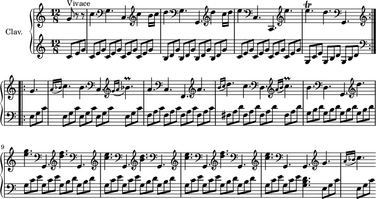 \version "2.18.2"
\header {
  tagline = ##f
}
%% les petites notes
trillE = { \tag #'print { e4.\trill } \tag #'midi { f16 e f e~ e8 } }
trillBes = { \tag #'print { bes4.)\prall } \tag #'midi { c16 bes c bes~ bes8 } }
trillC = { \tag #'print { c4.)\prall } \tag #'midi { d16 c d c~ c8 } }
upper = \relative c'' {
  \clef treble 
  \key c \major
  \time 12/8
  \tempo 4. = 126
  \set Staff.midiInstrument = #"harpsichord"
     s8*0^\markup{Vivace}
     \repeat volta 2 {
     g8 r8 r8 | c4.   \clef bass g, c,   \clef treble  c''4 b16 c | d4.  \clef bass g,, g,  \clef treble  d'''4 c16 d |
     % ms. 3
     e4.  \clef bass c,, c, \clef treble  e'''4. | \trillE d4.  \clef bass g,,, 
     } \set Score.doubleRepeatType = #":..:" 
     \repeat volta 1 { \clef treble
     g''4. \grace {   \tempo 4. = 45 a16( bes }   \tempo 4. = 126 c4.)   \tempo 4. = 126 bes4. \clef bass c,, \clef treble \grace {   \tempo 4. = 45 g''16( a }   \tempo 4. = 126 \trillBes |
     % ms. 6
     a4. \clef bass c,, f, \clef treble  a''4. | \grace {   \tempo 4. = 45 b16( c }   \tempo 4. = 126 d4.) c | \clef bass d,, \clef treble \grace {   \tempo 4. = 45 a''16( b }   \tempo 4. = 126 \trillC | b4. \clef bass d,, g, \clef treble  d'''4. |
     % ms. 9
     < e g >4. \clef bass g,,, \clef treble < d''' f > \clef bass g,,, \clef treble < c'' e > \clef bass g,, \clef treble < b'' d > \clef bass g,, \clef treble < c'' e > \clef bass g,, \clef treble < d''' f > \clef bass g,,, 
     % ms. 12
     \clef treble < c'' e > \clef bass g,, \tempo 4. = 60 g  \tempo 4. = 126 \clef treble g'' \grace {   \tempo 4. = 45 a16( bes }   \tempo 4. = 126 c4.)
     }\bar ""
}
lower = \relative c' {
  \clef bass
  \key c \major
  \time 12/8
  \set Staff.midiInstrument = #"harpsichord"
  \repeat volta 2 {
    % **************************************
     \partial 4.
      \clef treble \repeat unfold 5 { c8 e g } \repeat unfold 4 { b,8 d g } \repeat unfold 4 { c,8 e g } g, c e \repeat unfold 2 { g, b d } 
 }
\repeat volta 1 {
      \clef bass \repeat unfold 5 { e, g c } \repeat unfold 4 { f, a c } \repeat unfold 4 { fis, a d } \repeat unfold 4 { g, b d }  \repeat unfold 3 {  \repeat unfold 2 { g, c e } \repeat unfold 2 { g, b d } } 
      % ms. 12
      \repeat unfold 2 { g, c e }   \tempo 4. = 100 < g, b d >4.  \repeat unfold 2 { e8 g c }
} %repet
}
thePianoStaff = \new PianoStaff <<
    \set PianoStaff.instrumentName = #"Clav."
    \new Staff = "upper" \upper
    \new Staff = "lower" \lower
  >>
\score {
  \keepWithTag #'print \thePianoStaff
  \layout {
      #(layout-set-staff-size 17)
    \context {
      \Score
     \override SpacingSpanner.common-shortest-duration = #(ly:make-moment 1/2)
      \remove "Metronome_mark_engraver"
    }
  }
}
\score {
  \unfoldRepeats
  \keepWithTag #'midi \thePianoStaff
  \midi { }
}