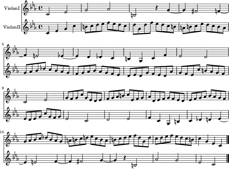 \header {
  tagline = ##f
\version "2.16.2"
}
global = {
  \key c \minor
  \time 4/4
  \tempo ""
}
ViolonI = \relative c' {
  \global
  \dynamicUp
  
  c2 ees g aes b,! r4 g'4~ g fis2 f!4~ f e!2 ees4~ ees d des c b! g c f ees2 d c ees 
  g8 f g c g ees d ees | f g aes b! c ees, f g | aes d, ees f g f ees d | ees f g aes bes aes g f 
  g8 aes bes c des bes aes g | a! b! c d! ees c b a | b! c d ees f d g, d' | c d ees f ees d c b! | c4 g ees c  \bar "|."
   
}
ViolonII = \relative c' {
  \global
  c4 ees g c b!8 c d ees f ees d c d g, d' f ees d c b! a! b c ees d c b a g aes bes des c bes aes g 
  f8 g aes bes aes g f ees | d ees d g f ees d aes' | g f ees c' b! aes g f | ees d ees g c g f g |
  ees2 c d ees f4 c g b! c des d!  ees~ ees e!2 f4~ f fis2  g4~ g  r4 b,!2 aes' g  ees c 
}
ViolonIPart = \new Staff \with {
  instrumentName = "ViolonI"
  midiInstrument = "violin"
} { \ViolonI }
ViolonIIPart = \new Staff \with {
  instrumentName = "ViolonII"
  midiInstrument = "violin"
} \ViolonII
\score {
  <<
    \ViolonIPart
    \ViolonIIPart
  >>
  \layout { }
  \midi {
    \tempo 4=110
  }
}