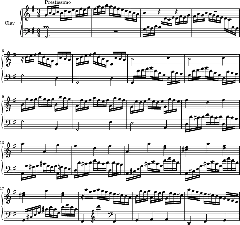 \version "2.18.2"
\header {
  tagline = ##f
  % composer = "Domenico Scarlatti"
  % opus = "K. 348"
  % meter = "Prestissimo"
}
%% les petites notes
trillGb     = { \tag #'print { g,2.\prallprall } \tag #'midi { \repeat unfold 4 { a32 g a g~ } g4 } }
upper = \relative c'' {
  \clef treble 
  \key g \major
  \time 3/4
  \tempo 4 = 92
      s8*0^\markup{Prestissimo}
      g16 b a c  b d c e d fis e g | fis a g b a g fis e d c b a | b4 c4\rest c4\rest | 
      % ms. 4
      R2. | r16 d16 e fis g d b g d c' b a | b d e fis g d b g d c' b a |
      % ms. 7
      \repeat unfold 2 { b2 c4 } | b16 g' fis g b g fis g b, b' a g |
      % ms. 10
      a, fis' e fis a fis e fis a, a' g fis | g, e' d e g e d e g, g' fis e | fis4 d fis |
      % ms. 13
      a4 a, g' | fis d fis | a, a' < d, fis >
      % ms. 16
      < cis e >4 a' < d, fis > | < cis e > g' < cis, e > | r16 a'16 fis g a g fis e d cis b a |
      % ms. 19
      b16 g' fis g a, fis' e fis g, e' d cis | a' g fis e d cis b a g fis e d | % a'4 a' < d, fis > |
      % ms. 22
      % < cis e >4 a' < d, fis > | < cis e > g' < cis, e > |
      % ms. 26
      
}
lower = \relative c' {
  \clef bass
  \key g \major
  \time 3/4
    % ************************************** \appoggiatura a16  \repeat unfold 2 {  } \times 2/3 { }   \omit TupletNumber 
      \trillGb | R2. | g'16 b a  c \stemUp b  \stemDown \change Staff = "upper"  d c e d fis e g |
      % ms. 4
      fis a g b a g fis e d c \change Staff = "lower" b a \stemNeutral | g2 d4 | g,2 d'4 \stemUp |
      % ms. 7
      g,16 \stemNeutral  d'' e fis g d b g d c' b a | g d' e fis g d b g d c' b a | g2 g,4 |
      % ms. 10
      fis2 fis'4 | e2 a,4 | d16 d' cis d fis d cis d d, d' cis b | 
      % ms. 13
      a,16 a' gis a cis a gis a a, g' fis e | d d' cis d  fis d cis d  d, d' cis b | \repeat unfold 2 { a, cis e a  cis e cis a  fis' a fis d } |
      % ms. 17
      g,,16 cis e g cis e cis g e' g e cis | fis,,4   \clef treble  d''''   \clef bass fis,,,, |
      % ms. 19
      g a a | d, fis g | % \repeat unfold 2 { a16 cis e a  cis e cis a  fis' a fis d } |
      % ms. 23
      % g,,16 cis e g cis e cis g e' g e cis | fis,,4  \clef treble  d''''  \clef bass fis,,,, | g a a |
      % ms. 26
      % \repeat unfold 3 { d,4 fis a } | d,2. %repet
}
thePianoStaff = \new PianoStaff <<
    \set PianoStaff.instrumentName = #"Clav."
    \new Staff = "upper" \upper
    \new Staff = "lower" \lower
  >>
\score {
  \keepWithTag #'print \thePianoStaff
  \layout {
      #(layout-set-staff-size 17)
    \context {
      \Score
     \override TupletBracket.bracket-visibility = ##f
     \override SpacingSpanner.common-shortest-duration = #(ly:make-moment 1/2)
      \remove "Metronome_mark_engraver"
    }
  }
}
\score {
  \keepWithTag #'midi \thePianoStaff
  \midi { \set Staff.midiInstrument = #"harpsichord" }
}