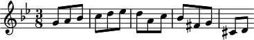 
\header {
  tagline = ##f
}

\score {
  \new Staff \with {

  }
<<
  \relative c'' {
    \key bes \major
    \time 3/8
    \override TupletBracket #'bracket-visibility = ##f 
    %\autoBeamOff

     %%%%%%% K15r
     g8 a bes c d ees d a c bes fis g cis,[ d]
     
  }
>>
  \layout {
    \context {
      \remove "Metronome_mark_engraver"
    }
  }
  \midi {}
}
