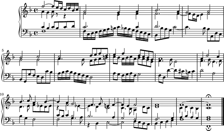 \version "2.18.2"
\header {
  tagline = ##f
}
upper = \relative c'' {
  \clef treble 
  \key f \major
  \time 4/4
  \tempo 4 = 82
  \set Staff.midiInstrument = #"church organ"
    << { f2~ f8 e16 d c d bes c | a2 g4 a | bes2. a4 | g2 a | } \\ { a4 g a8 r8 r4 | f2 e4 f | f2. f4~ | f8 e16 d e4 f2 } >>
    % Ms 5
    << { bes2 c | c d8 e f d | e4 f d8 c bes g | a1 | a4 d2 c4 | } \\ { g2 g | a4. g8 f g a b | c bes a16 bes c a | bes8 a g e | f4. g8 e2 | f4. g8 e4. f8 | } >>
    % Ms 10
    << { bes4. c8 a4 bes~ | bes a g2 | f4. g8 e!4 f~ | f4 e  f2 | f1 | f1~ f1\fermata } \\ { d4. e8 f ees d ees r4 f2 ees4~ | ees d c2 | c4. bes8 a4 d8 c | d1 | c4  d c bes | \tempo 4 = 50 c1 } >>
}
lower = \relative c {
  \clef bass
  \key f \major
  \time 4/4
  \set Staff.midiInstrument = #"church organ"
    << { c'4 bes c8 bes c d | c2. c4 | d2.  } \\ { f,1 | f16 c d e f g a b! c bes a g f e d c | bes8 bes' a g c2~ c4. bes8 a a, d c } >>
    bes8 g g' f e d c' bes | a16 bes c bes a g f e d2 | a'8 g f16 g a f g2 | f8 d d'4~ d8 cis16 b cis4 | d2 a |
    << { s1 | c8 bes c4 bes2 bes2. a4 | g2 f | f2. g4 | a bes a g | a1 } \\ { bes4 g f2 | f g4. a8 | r4 bes,4 c2~ | c2 d8 c bes a | bes4 c d e | f1 < f f, >1\fermata } >>
    \bar "|." 
}
\score {
  \new PianoStaff <<
    \set PianoStaff.instrumentName = #""
    \new Staff = "upper" \upper
    \new Staff = "lower" \lower
  >>
  \layout {
      #(layout-set-staff-size 17)
    \context {
      \Score
      \override SpacingSpanner.common-shortest-duration = #(ly:make-moment 1/2)
      \remove "Metronome_mark_engraver"
    }
  }
  \midi { }
}