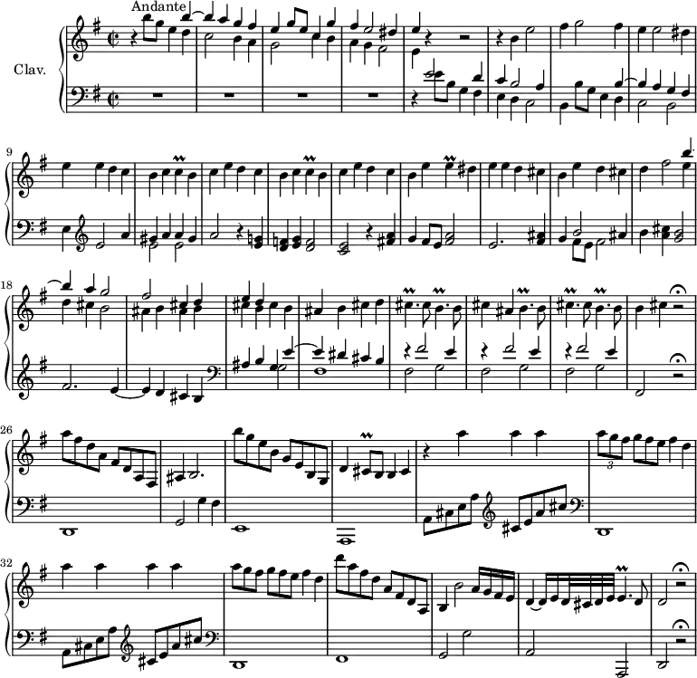 
\version "2.18.2"
\header {
  tagline = ##f
  % composer = "Domenico Scarlatti"
  % opus = "K. 402"
  % meter = "Andante"
}

%% les petites notes
trillC        = { \tag #'print { c4\prall } \tag #'midi { d16 c d c } }
trillE        = { \tag #'print { e4\prall } \tag #'midi { fis16 e fis e } }
trillCisp     = { \tag #'print { cis4.\prall } \tag #'midi { d16 cis d cis~ cis8 } }
trillBp       = { \tag #'print { b4.\prall } \tag #'midi { cis16 b cis b~ b8 } }
trillEp       = { \tag #'print { e4.\prall } \tag #'midi { fis16 e fis e~ e8 } }
trillCisq     = { \tag #'print { cis8\prall } \tag #'midi { d32 cis d cis } }

upper = \relative c'' {
  \clef treble 
  \key e \minor
  \time 2/2
  \tempo 2 = 70
  \set Staff.midiInstrument = #"harpsichord"
  \override TupletBracket.bracket-visibility = ##f

    r4^\markup{Andante} b'8 g e4 << { b'4~ | b a g fis | e4 g8 e c4 g' | fis e2 dis4 | e4 } \\ { d4 | c2 b4 a | g2 c4 b | a g fis2 | e4 } >> r4 r2 |
    % ms. 6
    r4 b'4 e2 | fis4 g2 fis4 | e4 e2 dis4 | e e d c | \repeat unfold 2 { b4 c \trillC b4 | 
    % ms. 11
    c4 e d c } | b4 e \trillE dis4 | e e d cis | 
    % ms. 16
    b4 e d cis | d fis2 << { b4~ | b a g2 | fis cis4 d | e d } \\ { e4 | d cis b2 | ais4 b ais b | cis b cis b } >>
    % ms. 21
    ais4 b cis d | \trillCisp cis8 \trillBp b8 | cis4 ais \trillBp b8 | \trillCisp cis8 \trillBp b8 | b4 cis r2\fermata
    % ms. 26
    a'8 fis d a  fis d a fis | ais4 b2.| b''8 g e b  g e b g | d'4 \trillCisq b8 b4 cis | 
    % ms. 30
    r4 a''4 a a | \times 2/3 { a8 g fis } \omit TupletNumber \times 2/3 { g8[ fis e] } fis4 d | a' a a a | \times 2/3 { a8 g fis } \times 2/3 { g8[ fis e] } fis4 d | d'8 a fis d  a fis d a | b4 b'2 a16 g fis e | d4~ d16 e d32 cis d e \trillEp d8 | d2 r2\fermata |

}

lower = \relative c' {
  \clef bass
  \key e \minor
  \time 2/2
  \set Staff.midiInstrument = #"harpsichord"

    % **************************************
     R1*4 | r4 << { e2 d4 | c b2 a4 | s2. b4~ | b a g fis } \\ { e'8 b g4 fis | e d c2 | b4 b'8 g e4 d | c2 b } >> | e4   \clef treble  e'2 a4 << { gis4 a a gis } \\ { e2 e } >>
     % ms. 11
     a2 r4 < e g! >4 | < d f > < e g > < d f >2 | < c e > r4 < fis! a >4 | g4 fis8 e < fis a >2 | e2. < fis ais >4 |
     % ms. 16
     g4 << { b2 ais4 } \\ { fis8 e fis2 } >> b4 < a cis > < g b >2 | fis2. e4~ | e d cis b | 
     % ms. 20
     \clef bass << { ais4 b g e'~ | e dis cis b \repeat unfold 3 { r4 fis'2 e4 } } \\ { s2 g,2 | fis1 | \repeat unfold 3 { fis2 g } } >>  fis,2 r2\fermata
     % ms. 26
     d1 | g2 g'4 fis | e,1 | a, | \repeat unfold 2 { a'8 cis e a  \clef treble cis e a cis \clef bass d,,,1 } | 
     % ms. 34
     fis1 | g2 g' | a, a, | d r2\fermata

}

thePianoStaff = \new PianoStaff <<
    \set PianoStaff.instrumentName = #"Clav."
    \new Staff = "upper" \upper
    \new Staff = "lower" \lower
  >>

\score {
  \keepWithTag #'print \thePianoStaff
  \layout {
      #(layout-set-staff-size 17)
    \context {
      \Score
     \override SpacingSpanner.common-shortest-duration = #(ly:make-moment 1/2)
      \remove "Metronome_mark_engraver"
    }
  }
}

\score {
  \keepWithTag #'midi \thePianoStaff
  \midi { }
}
