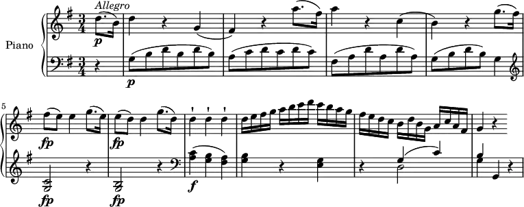\version "2.18.2"
\header {
  tagline = ##f
}
upper = \relative c' {
  \clef treble 
  \key g \major
  \time 3/4
  \tempo "Allegro"
  \tempo 4 = 130
  %\autoBeamOff
 \partial 4 d'8. \p ^\markup{ \italic {Allegro } } (b16)
  d4 r g,
  (fis) r a'8. (fis16)
  a4 r c,
  (b) r g'8. (fis16)
  fis8\fp (e) e4 g8. (e16)
  e8\fp (d) d4 g8. (d16)
  d4-! d-! d-!
  d16 e fis g a b c d c b a g
  fis e d c b d b g a c a fis
  g4 r 
}
lower = \relative c {
  \clef bass
  \key g \major
  \time 3/4
   \partial 4  r4
  g'8 \p (b d b d b)
  a (c d c d c)
  fis, (a d a d a)
  g (b d b) g4
   \clef treble
  <c g>2  \fp r4
  <b g>2  \fp r4  \clef bass
  <a c>4 \f (<g b> <fis a>)
  <g b> r <e g>
  r  << { \stemDown d2 g4} \\ {\stemUp  g4 ^ ( c) b } >>
  g,4 r
} 
\score {
  \new PianoStaff <<
    \set PianoStaff.instrumentName = #"Piano"
    \new Staff = "upper" \upper
    \new Staff = "lower" \lower
  >>
  \layout {
    \context {
      \Score
      \remove "Metronome_mark_engraver"
    }
  }
  \midi { }
}