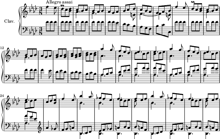 \version "2.18.2"
\header {
  tagline = ##f
}
%% les petites notes
trillDesq = { \tag #'print { des8\prall } \tag #'midi { ees32 des ees des } }
upper = \relative c'' {
  \clef treble 
  \key f \minor
  \time 3/8
  \tempo 4. = 112
  \set Staff.midiInstrument = #"harpsichord"
  \override TupletBracket.bracket-visibility = ##f
     s8*0^\markup{Allegro assai}
     f4 ees8 | \trillDesq c < bes des > | << { c8 bes c | bes aes bes | aes g aes | bes c des | c bes aes | g aes bes | f'4 ees8 | \trillDesq c < bes des > | } \\ { aes4. | g | s4. | s4 e8 | f4.~ f4 e8 } >> |
     % ms. 11
     << { c'8 bes c | bes aes bes | aes g aes } \\ { aes4. | g } >> | < g bes >8 aes < g bes > | < aes c > < g bes > < aes c > |
     % ms. 16
     < bes des >8 c < bes des > | << { \repeat unfold 2 { aes'4 g8 | f ees des | ees4. | ees } | c8 des < bes ees > | f'4 ees8 } \\ { \repeat unfold 2 { aes,4. | aes | des8 c des | c des ees } | } >>
     % m. 27
     \repeat unfold 2 { << { bes'4 aes8 | ges8 f ees | f4. | f8 ees f } \\ { bes,4. | bes | ees8 des ees | des } >> } |
     % ms. 35
     
}
lower = \relative c' {
  \clef bass
  \key f \minor
  \time 3/8
  \set Staff.midiInstrument = #"harpsichord"
  \override TupletBracket.bracket-visibility = ##f
    % **************************************
      \repeat unfold 14 { f8 } ees8 | des c bes | aes g f |
      % ms. 8
      bes c c, | \repeat unfold 12 { f'8 } | f4 ees8 | des ees des | c des c |
      % ms. 16
      bes8 c bes | \repeat unfold 2 { << { aes bes c | des ees f | g aes g | aes g ees } \\ { \mergeDifferentlyDottedOn \repeat unfold 4 { aes,4. } } >> } |   \clef treble 
      % ms. 25
      aes'4 ges8 | f g a | \repeat unfold 2 { << { bes,8 c des  | ees f ges | a bes a | bes a f } \\ { \repeat unfold 4 { bes,4. } } >> }
}
thePianoStaff = \new PianoStaff <<
    \set PianoStaff.instrumentName = #"Clav."
    \new Staff = "upper" \upper
    \new Staff = "lower" \lower
  >>
\score {
  \keepWithTag #'print \thePianoStaff
  \layout {
      #(layout-set-staff-size 17)
    \context {
      \Score
     \override SpacingSpanner.common-shortest-duration = #(ly:make-moment 1/2)
      \remove "Metronome_mark_engraver"
    }
  }
}
\score {
  \keepWithTag #'midi \thePianoStaff
  \midi { }
}