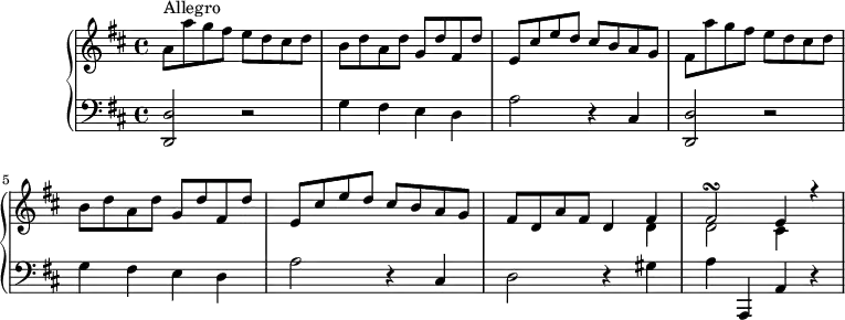 \version "2.18.2"
\header {
  tagline = ##f
}
upper = \relative c'' {
  \clef treble 
  \key d \major
  \time 4/4
  \tempo 4 = 198
  \override TupletBracket.bracket-visibility = ##f
s8*0^\markup{Allegro}
   %%Montero — opus 1, sonate 3, Allegro (pdf p. 18)
   a8 a' g fis e d cis d b d a d g, d' fis, d' e, cis' e d cis b a g fis a' g fis e d cis d b d a d g, d' fis, d' e, cis' e d cis b a g fis d a' fis d4
   << { fis4 fis2\turn e4 r4 } \\ { d4 d2 cis4 } >>
   
}
lower = \relative c {
  \clef bass
  \key d \major
  \time 4/4
   < d d, >2 r2 g4 fis e d a'2 r4 cis,4  
   < d d, >2 r2 g4 fis e d a'2 r4 cis,4 d2 r4 gis4 a a,, a' r4 
}
\score {
  \new PianoStaff <<
    \new Staff = "upper" \upper
    \new Staff = "lower" \lower
  >>
  \layout {
      #(layout-set-staff-size 17)
    \context {
      \Score
      \override SpacingSpanner.common-shortest-duration = #(ly:make-moment 1/2)
      \remove "Metronome_mark_engraver"
    }
  }
  \midi { }
}