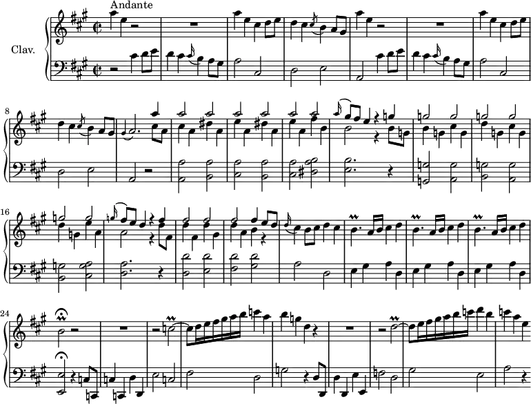 \version "2.18.2"
\header {
  tagline = ##f
  % composer = "Domenico Scarlatti"
  % opus = "K. 404"
  % meter = "Andante"
}
%% les petites notes
trillBp        = { \tag #'print { b4.\prall } \tag #'midi { cis32 b cis b~ b4 } }
appoAbp        = { \tag #'print { \appoggiatura gis4 a2. } \tag #'midi { gis4 a2 } }
trillBb        = { \tag #'print { b2\prall\fermata } \tag #'midi { cis32 b cis b~ b8~   \tempo 2 = 50 b4   \tempo 2 = 72 } }
trillCb        = { \tag #'print { c2\prall~ } \tag #'midi { d32 c d c~ c8~ c4~ } }
trillDb        = { \tag #'print { d2\prall~ } \tag #'midi { e32 d e d~ d8~ d4~ } }
upper = \relative c'' {
  \clef treble 
  \key a \major
  \time 2/2
  \tempo 2 = 72
  \set Staff.midiInstrument = #"harpsichord"
  \override TupletBracket.bracket-visibility = ##f
      s8*0^\markup{Andante}
      a'4 e r2 | R1 | a4 e cis d8 e | d4 cis \acciaccatura cis8 b4 a8 gis | 
      % ms. 5
      a'4 e r2 | R1 | a4 e cis d8 e | d4 cis \acciaccatura cis8 b4 a8 gis | \appoAbp << { a'4 } \\ { cis,8 a } >>
      % ms. 10
      << { \repeat unfold 6 { a'2 } | \appoggiatura a16 gis8 fis e4 r4 g4 } \\ { cis,4 a dis a | e' a, dis a | e' a, fis' b, | b2 r4 b8 g } >>
      % ms. 14
      << { \repeat unfold 6 { g'2 } | \appoggiatura g16 fis8 e d4 r4 fis4 } \\ { b,4 g cis g | d' g, cis g | d' g, e' a, | a2 r4 d8 fis, } >>
      % ms. 18
      << { \repeat unfold 3 { fis'2 } fis4 e8 d } \\ { d4 fis, d' gis, | d' a b r4 }>>
      % ms. 20
      \appoggiatura d16 cis4 b8 cis d4 cis | \repeat unfold 3 { \trillBp a16 b cis4 d } | \trillBb r2 
      % ms. 25
      R1 | r2 \trillCb | c8 d16 e fis gis a b c4 a | b g d r4 | R1 |
      % ms. 30
      r2 \trillDb | d8 e16 fis gis a b c d4 b | c a e 
}
lower = \relative c' {
  \clef bass
  \key a \major
  \time 2/2
  \set Staff.midiInstrument = #"harpsichord"
  \override TupletBracket.bracket-visibility = ##f
    % ************************************** \appoggiatura a16  \repeat unfold 2 {  } \times 2/3 { }   \omit TupletNumber 
      r2 \repeat unfold 2 { cis4 d8 e | d4 cis \appoggiatura cis16 b4 a8 gis | a2 cis, | d e |
      % ms. 5
      a,2 } r2 
      % ms. 10
      < a a' >2 < b a' > | < cis a' > < b a' > | < cis a' > < dis a' b > | < e b' >2. r4 | < g, g' >2 < a g' > |
      % ms. 15
      < b g' >2 < a g' > | < b g' > < cis g' a > | < d a' >2. r4 | < d d' >2 < e d' > | < fis d' > < gis d' > |
      % ms. 20
      a2 d, | \repeat unfold 3 { e4 gis a d, } | < e, e' >2\fermata r4 c'8 c, |
      % ms. 25
      c'4 c, d' d, | e'2 c | fis d | g r4 d8 d, | d'4 d, e' e, |
      % ms. 30
      f'2 d | gis e | a r4 
}
thePianoStaff = \new PianoStaff <<
    \set PianoStaff.instrumentName = #"Clav."
    \new Staff = "upper" \upper
    \new Staff = "lower" \lower
  >>
\score {
  \keepWithTag #'print \thePianoStaff
  \layout {
      #(layout-set-staff-size 17)
    \context {
      \Score
     \override SpacingSpanner.common-shortest-duration = #(ly:make-moment 1/2)
      \remove "Metronome_mark_engraver"
    }
  }
}
\score {
  \keepWithTag #'midi \thePianoStaff
  \midi { }
}