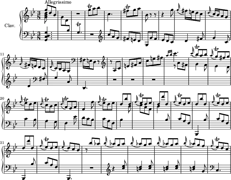 \version "2.18.2"
\header {
  tagline = ##f
  % composer = "Domenico Scarlatti"
  % opus = "K. 121"
  % meter = "Allegrissimo"
}
%% les petites notes
%trillFisq      = { \tag #'print { fis8\trill } \tag #'midi { g32 fis g fis } } 
trillFisq      = { \tag #'print { fis8\trill } \tag #'midi { \times 2/3 { fis16 g fis } } }
trillGqUp      = { \tag #'print { g'8\trill } \tag #'midi { \times 2/3 { g16 a g } } }
trillGq        = { \tag #'print { g8\trill } \tag #'midi { \times 2/3 { g16 a g } } }
trillGp        = { \tag #'print { g4.\trill } \tag #'midi { a32 g a g~   \tempo 4. = 50 g4   \tempo 4. = 102 } }
trillBesq      = { \tag #'print { bes8\trill } \tag #'midi { \times 2/3 { bes16 c bes } } }
trillEesq      = { \tag #'print { ees8\trill } \tag #'midi { \times 2/3 { ees16 f ees } } }
trillCq        = { \tag #'print { c8\trill } \tag #'midi { \times 2/3 { c16 d c } } }
trillAq        = { \tag #'print { a8\trill } \tag #'midi { \times 2/3 { a16 bes a } } }
upper = \relative c'' {
  \clef treble 
  \key g \minor
  \time 3/8
  \tempo 4. = 102
  \set Staff.midiInstrument = #"harpsichord"
  \override TupletBracket.bracket-visibility = ##f
      s8*0^\markup{Allegrissimo}
      << { g'8 d bes } \\ { < g bes d >8 } >> | s4. | R4. | \trillGqUp a8 bes | c,4. | \trillFisq g8 a | bes,8 r8 r8 |
      % ms. 8
      r4 g'8 | \appoggiatura g32 fis16 e  d8 c | \appoggiatura d32 c16 bes a8 g | \appoggiatura g32 fis16 e  d8 c | \appoggiatura d32 c16 bes a8 g |   \clef bass fis16   \tempo 4. = 70 e   \tempo 4. = 40 d8 r8 |   \tempo 4. = 102  \clef treble  r8 a'8 c |
      % ms. 15
      e8 fis a | c e fis | \grace {   \tempo 4. = 25 a16 bes }   \tempo 4. = 102 c4. | \appoggiatura c32 \stemUp \trillBesq  a8 bes | \appoggiatura a32 \stemUp \trillGq fis8 g | \stemNeutral \appoggiatura f32 \trillEesq d8 ees | \appoggiatura d32 \trillCq bes8 c |
      % ms. 22
      \appoggiatura d32 \trillAq g8 a | f4 f'8 | \repeat unfold 2 { \appoggiatura f32 \trillEesq d8 ees | \stemUp d bes' d, | \appoggiatura f32 \trillEesq d8 ees | 
      % ms. 29
      d8 d' d, } | \appoggiatura f32 \trillEesq d8 ees | \appoggiatura ees32 d8   \tempo 4. = 70 c   \tempo 4. = 40 bes |   \tempo 4. = 102 r8 bes'8 aes | \repeat unfold 3 { \appoggiatura bes32 aes8  g aes } \appoggiatura bes32 aes8 g f \appoggiatura f32 \trillEesq d8 c |
      % ms. 36
      
}
lower = \relative c' {
  \clef bass
  \key g \minor
  \time 3/8
  \set Staff.midiInstrument = #"harpsichord"
  \override TupletBracket.bracket-visibility = ##f
    % **************************************
      < g, c d g >4. | \stemDown \change Staff = "upper" g''8 d \stemUp \change Staff = "lower" bes8 | \trillGp | R4. |   \clef treble  c'8 a g | fis e d | g, g' f |
      % ms. 8
      ees8 d c | d4 fis8 | g4 c,8 | d4   \clef bass fis,8 | g4 c,8 | d,4. | R4.*3 | \stemDown \change Staff = "upper"
      % ms. 17
      r8 a'''8 fis | g4 f8 | ees4 d8 \stemNeutral \change Staff = "lower" | c4 bes8 | a4 g8 | 
      % ms. 22
      f4 ees'8 | d c bes | c a  f | bes4 \stemDown \change Staff = "upper" bes'8 | c a f | bes4 \stemNeutral \change Staff = "lower"  bes,8 | \repeat unfold 2 { c a f |
      % ms. 29
      bes,,4  bes''8 } c8 a f | bes,,4. | R4. |   \clef treble  r4 \repeat unfold 3 { < c''' ees >8 | < b d >4 } g8 |
      % ms. 39
      \clef bass c,,4. |
}
thePianoStaff = \new PianoStaff <<
    \set PianoStaff.instrumentName = #"Clav."
    \new Staff = "upper" \upper
    \new Staff = "lower" \lower
  >>
\score {
  \keepWithTag #'print \thePianoStaff
  \layout {
      #(layout-set-staff-size 17)
    \context {
      \Score
     \override SpacingSpanner.common-shortest-duration = #(ly:make-moment 1/2)
      \remove "Metronome_mark_engraver"
    }
  }
}
\score {
  \keepWithTag #'midi \thePianoStaff
  \midi { }
}