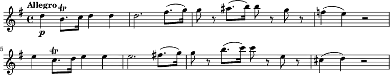 \relative c'' {
   \key g \major
   \time 4/4   
   \tempo "Allegro"
   \tempo 4 = 120
  d4 \p b8. \trill c16 d4 d
  d2. fis8. (g16)
  g8 r  ais8. (b16) b8 r g r
  f4 (e) r2
  e4 c8. \trill d16 e4 e
  e2. fis!8. (g16)
  g8 r  b8. (c16) c8 r e, r
  cis4 (d) r2
}