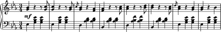 \relative b' {
  \new PianoStaff <<
   \new Staff { \key c \minor \time 3/4
    <<
   {
     <g bes>4 r4 r8 <g c>8 <g c>4 r4 r8 <g bes>8 \slashedGrace c8 <g bes>4 r4 <f aes>4 <f aes>4 r4 r8 <aes c>8 <aes c>4 r4 r8 <bes d>8 <bes d>4 r4 r8 <aes c>8 \slashedGrace d8 <aes c>4 r <g bes>4 <g bes>4 r4 bes4
   }
    >>
   }
   \new Dynamics {
    s\mf
   }
   \new Staff { \key c \minor \time 3/4 \clef bass
    ees,, <g bes ees> <g bes ees> ees <g bes ees> <g bes ees> d <aes' bes d> <aes bes d> bes, <aes' bes d> <aes bes d> d, <aes' bes f'> <aes bes f'> bes, <aes' bes d> <aes bes d> ees <g bes ees> <g bes ees> ees <g bes ees> <g bes ees>
   }
  >>
 }
