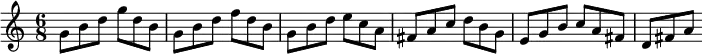 \new Staff
\relative c'' {
  \time 6/8
  g8 b d g d b
  g b d f d b
  g b d e c a
  fis a c d b g
  e g b c a fis
  d fis a
}