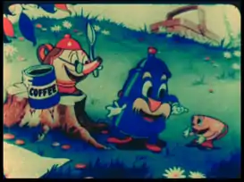 Deux bouilloires respectivement jaune et bleue s'adressent à une tasse jaune.