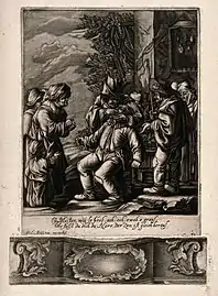 Un arracheur de dents extrayant une dent d'un patient assis, entouré d'une foule de personnes. (Wellcome Collection).