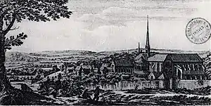 Gravure en noir et blanc d'une église monumentale entourée de bâtiments monastiques
