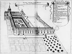 L’abbaye au XVIIe siècle, planche gravée du Monasticon Gallicanum.
