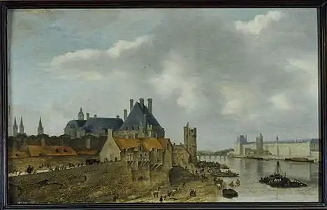 Abraham de Verwer, Le quartier du Petit Nesle avec l'Hôtel de Nevers, la tour de Nesle, la Grande Galerie du Louvre et le pont Royal (en bois), vus du Pont-Neuf (1637), musée Carnavalet.