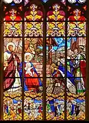 Vitrail de la chapelle St Joseph représentant l'Adoration des mages ainsi que les étapes précédant et suivant leur arrivée à Bethléem (XIXe siècle).