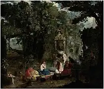 Paysage classique avec des nymphes se baignant dans une grotte