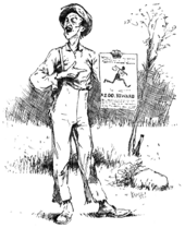 Gravure noir et blanc. Un moustachu montre fièrement une affichette sur laquelle est dessiné un Noir qui court, baluchon sur d'épaule, et promettant 200 dollars de récompense.