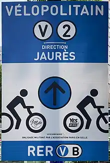 Affiche donnant la direction sur la ligne 2 du Vélopolitain