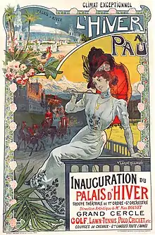Affiche en couleurs une dame de la Belle Époque avec chapeau et ombrelle.