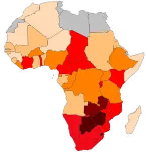 Map of Africa colored according to the percentage of the adult (ages 15–49) population with HIV/AIDS (Map of 2002).