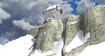 Château de l'Aigle restitué au XIVe siècle. Vue du sud-ouest. Essai de restitution basé sur le relevé planimétrique par J.L. Mordefroid réalisé à la suite des fouilles des années 1980.