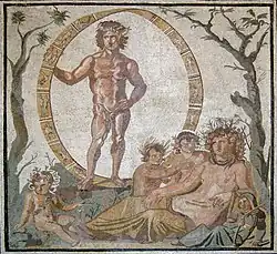 Mosaïque ancienne montrant six personnes, Éon surplombant les cinq autres.