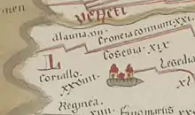 Extrait d'une carte ancienne en couleurs.