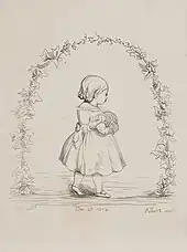 Gravure d'une petite fille en-dessous d'une arche d'houx et de lierre.