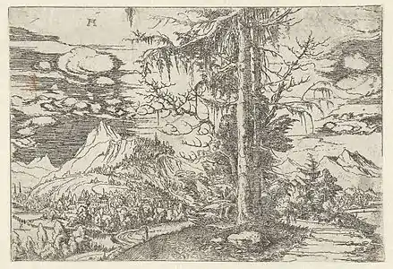 Paysage avec double épicéa, eau-forte, Rijksmuseum, Amsterdam, inv. RP-P-OB-2980.