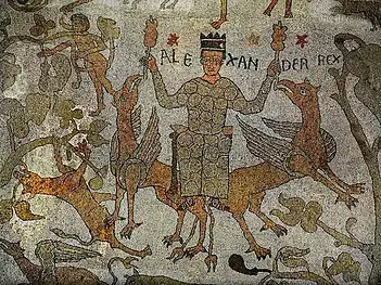 L'« ascension d'Alexandre » tiré par deux griffons, XIe siècle,cathédrale d'Otrante.