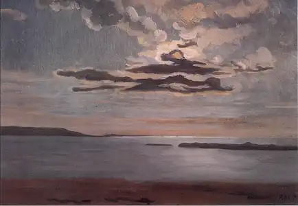 Paysage de mer au crépuscule, ancienne collection Clerc, localisation inconnue. Une des rares marines du peintre, marquée par le symbolisme naissant.