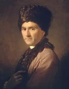 Détail d'un portrait de Rousseau portant un manteau oriental et une toque de fourrure.